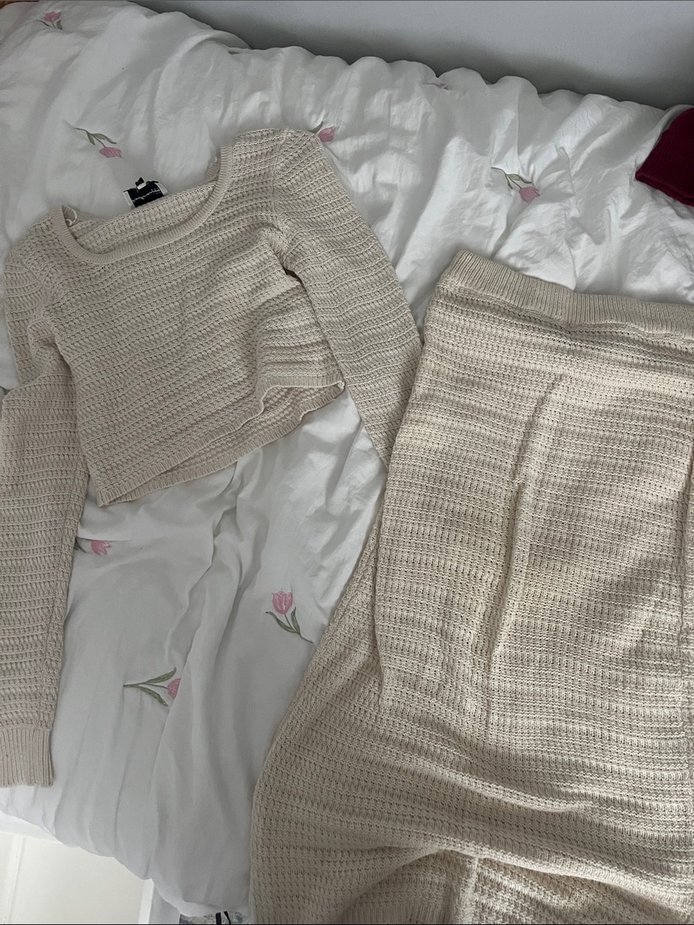Cream Knit Two-Piece Sweater Set - Long Skirt & Crop Top